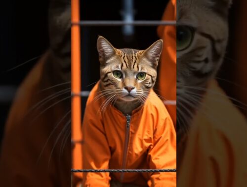 A  brown cat wearing inmate orange #cutebaby #catmemes #aicat #funny #viralshort #trendingshorts