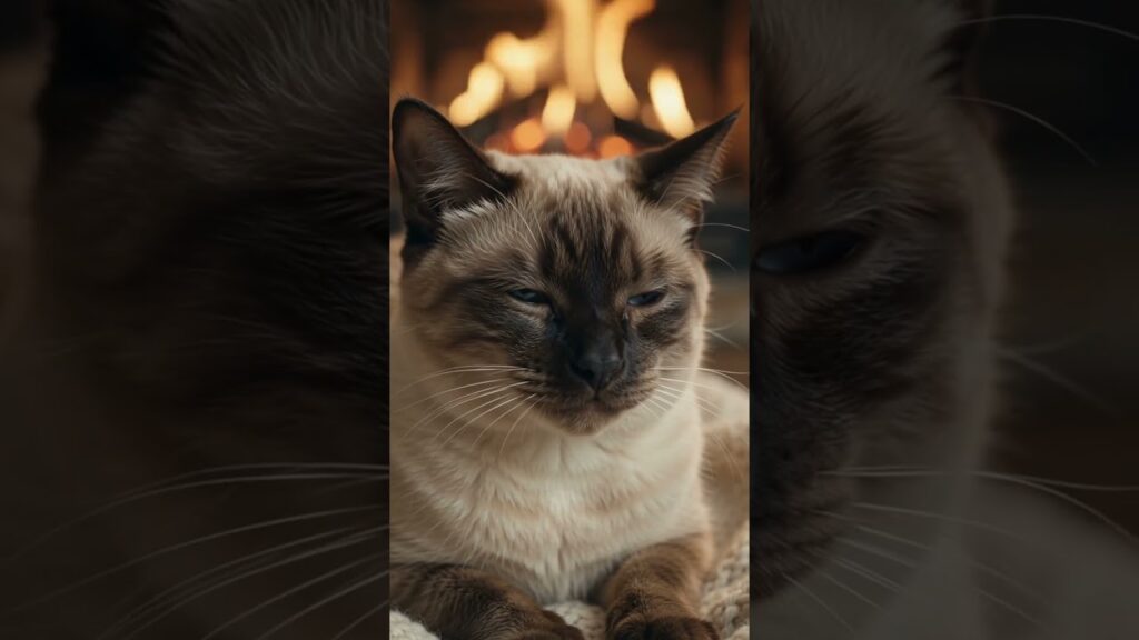 【癒し】暖炉の前でふみふみするシャム猫🐱