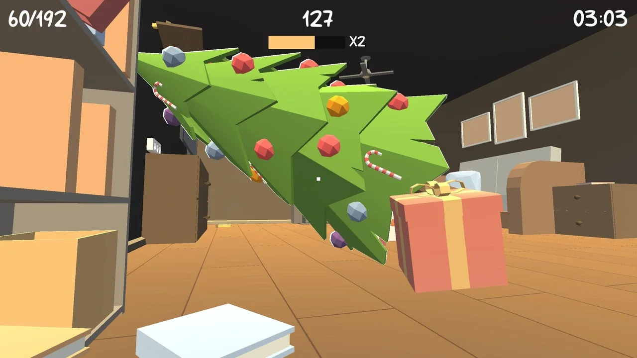 ゲーム画面内の低ポリゴンなクリスマスツリーとプレゼント